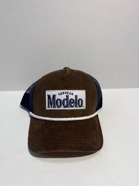 Modelo Brown Corduroy Trucker Hat with Navy Mesh and White Rope